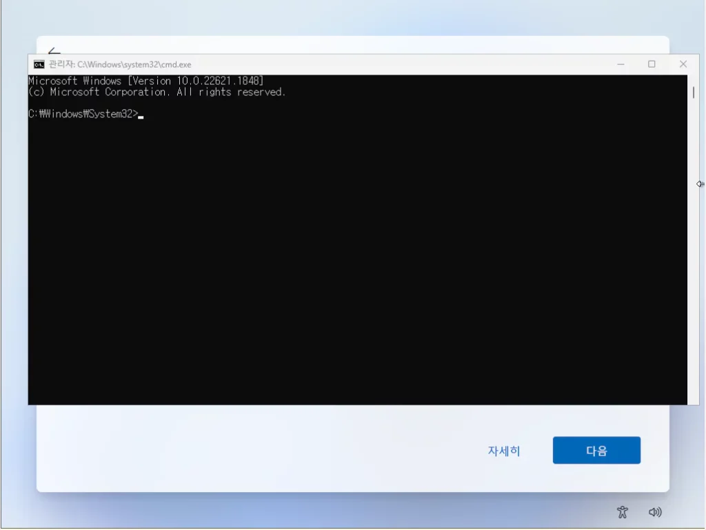 윈도우11 설치 CMD실행화면