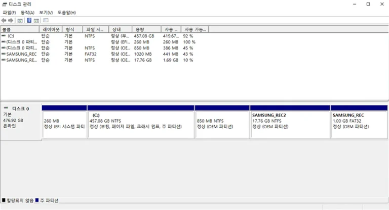 윈도우 숨겨진 파티션 용도는? 디스크 관리 창 모습